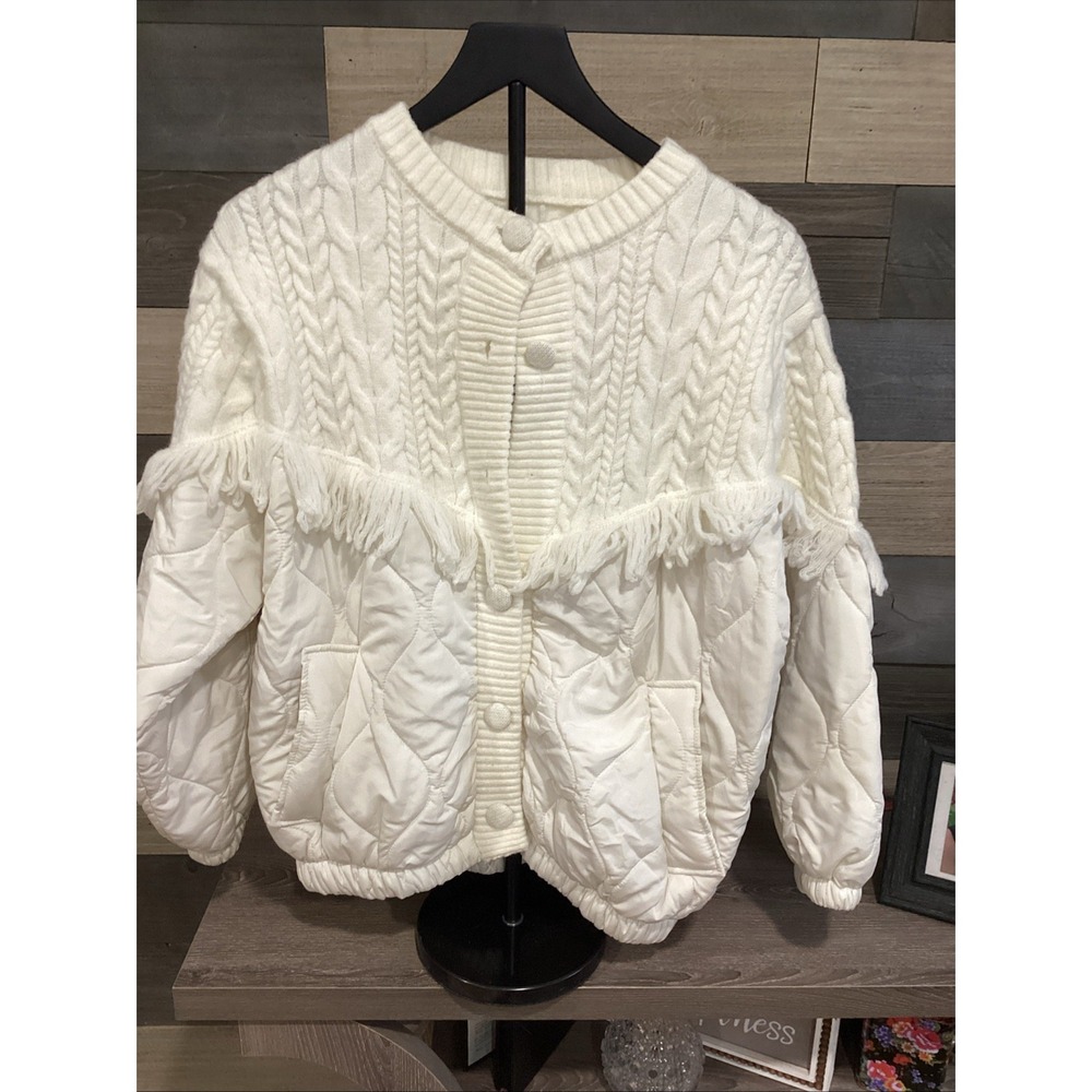 Womans Sunday Up Cream Cable Knit Fringed Quilted Puffer Jacket Cardigan Size M